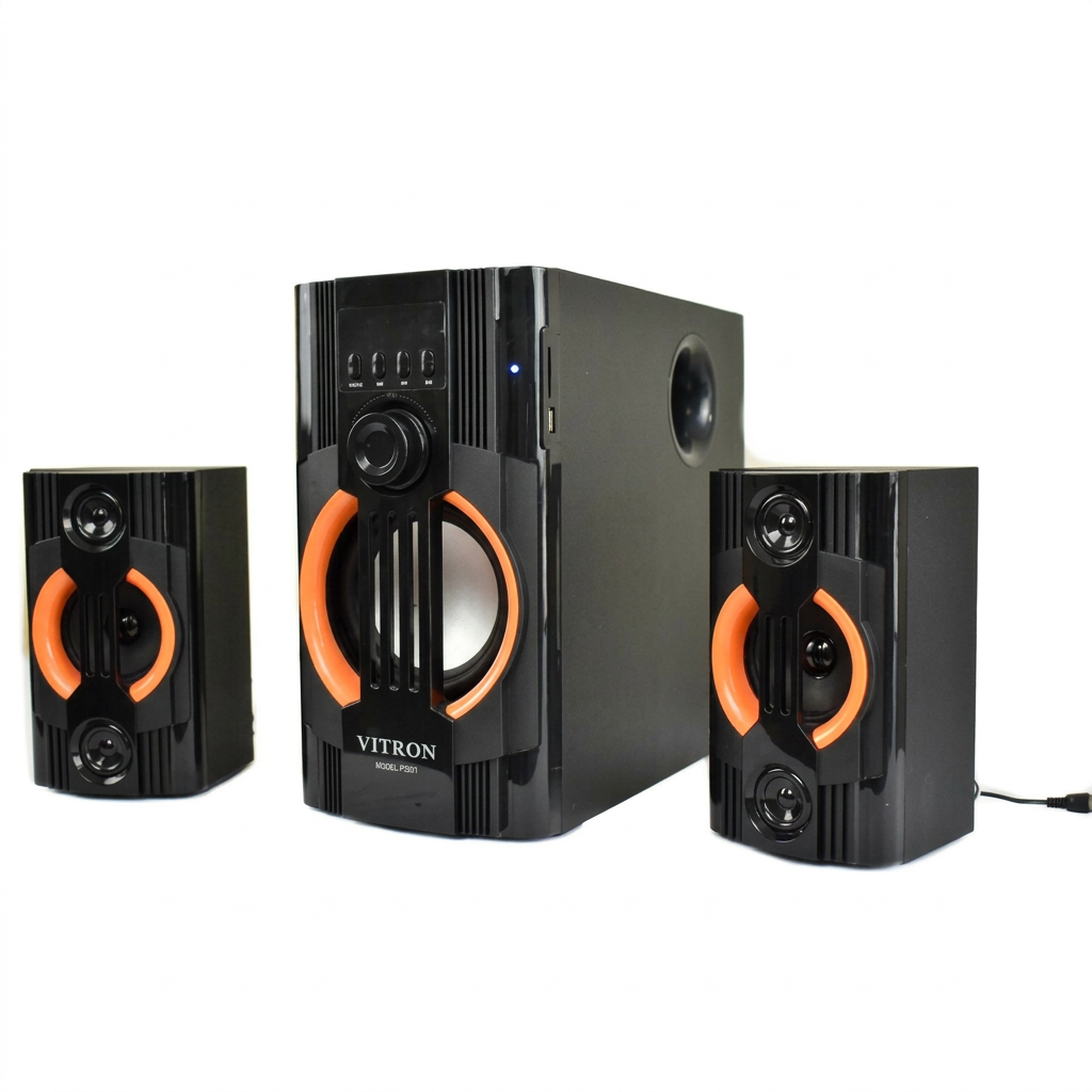 AI-edited illustrative powered-on view of Vitron V5201 speaker system on white.