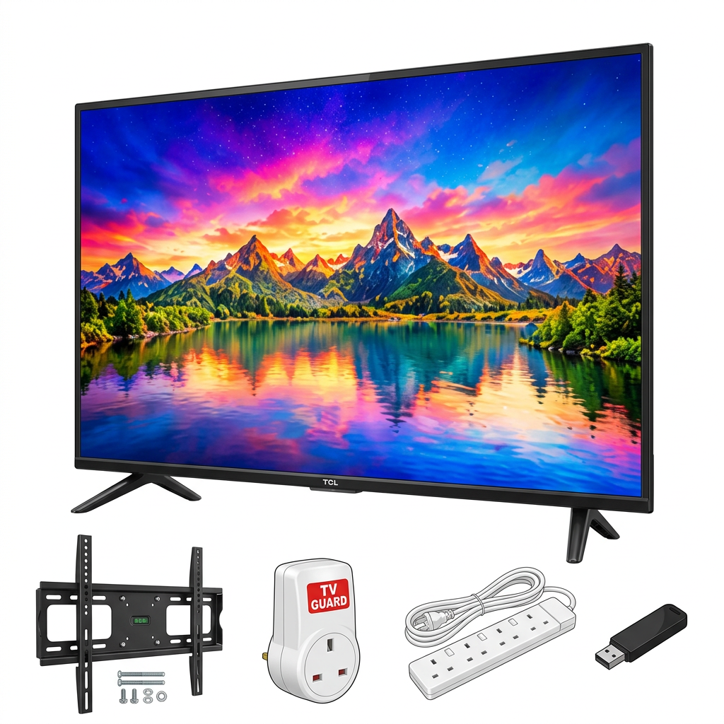 AI-edited angled TCL TV with four gifts: wall bracket, TV guard, extension socket strip and USB flash disk; accessory appearance illustrative.