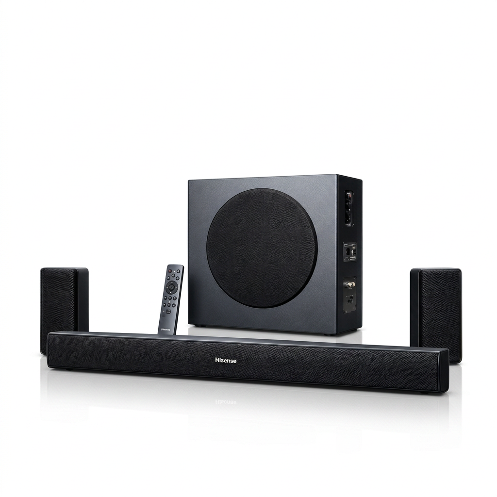 AI-edited Hisense HS5100 soundbar, subwoofer, two rear speakers and remote on white.