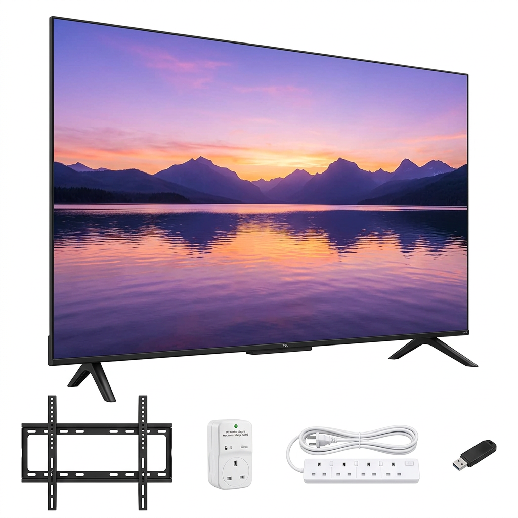 AI-edited angled TV with four confirmed gifts: bracket, TV guard, extension and USB flash disk; appearance illustrative.