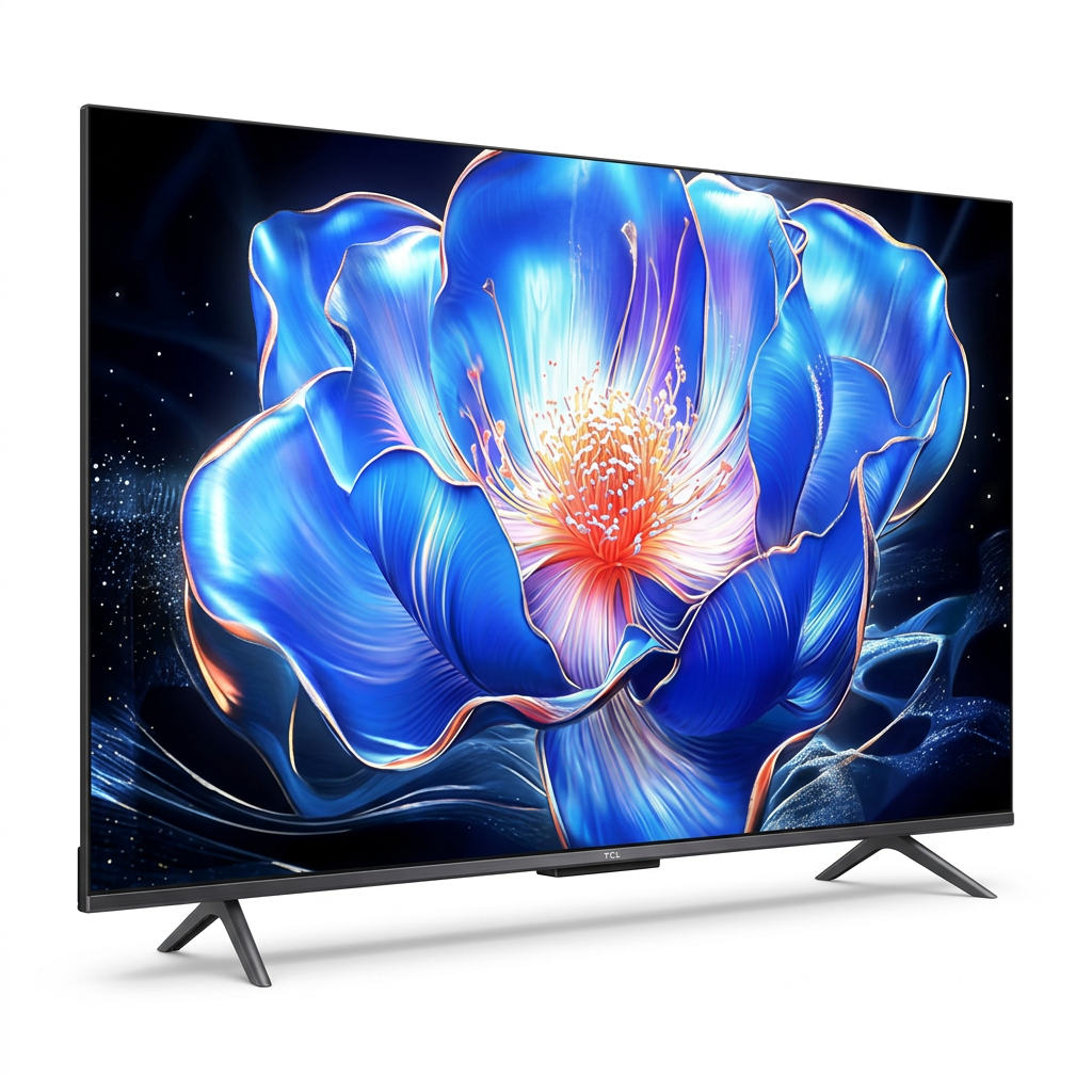 AI-edited angled TCL TV on white based on main reference; screen illustrative.