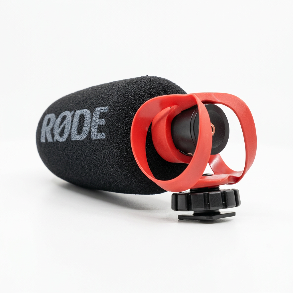 AI-generated unpacked view of a RØDE VideoMicro II microphone with foam windshield and red mount