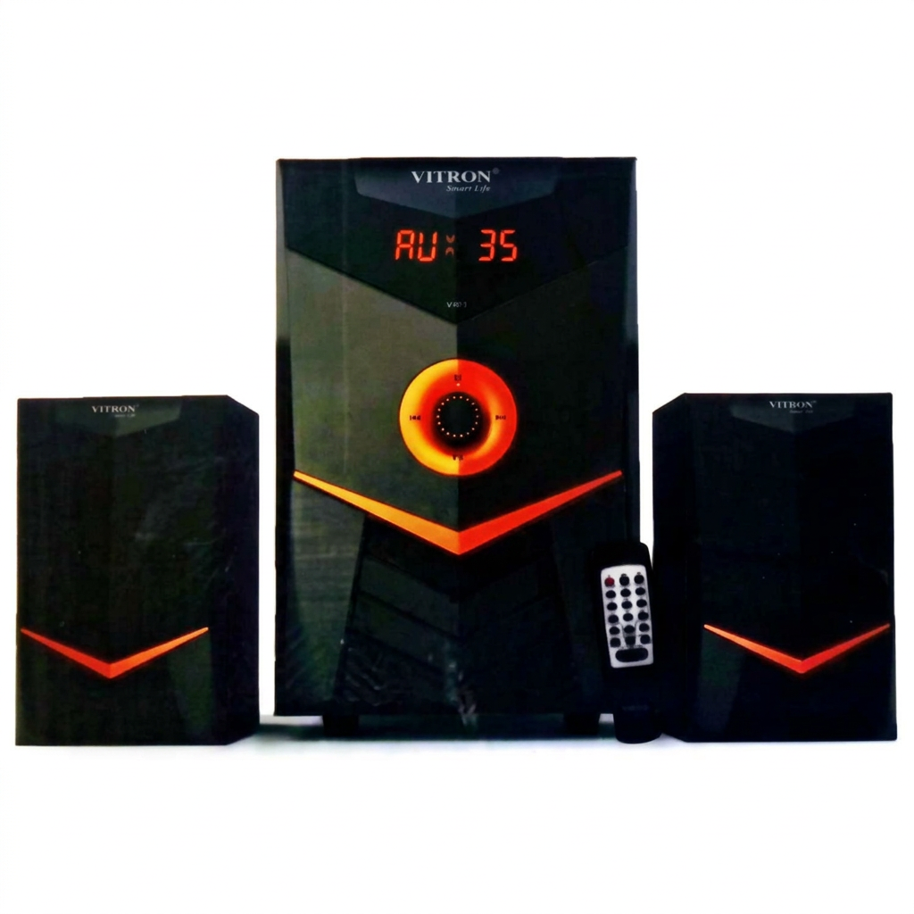 AI-edited Vitron V403 speaker system on white with illustrative illuminated display.
