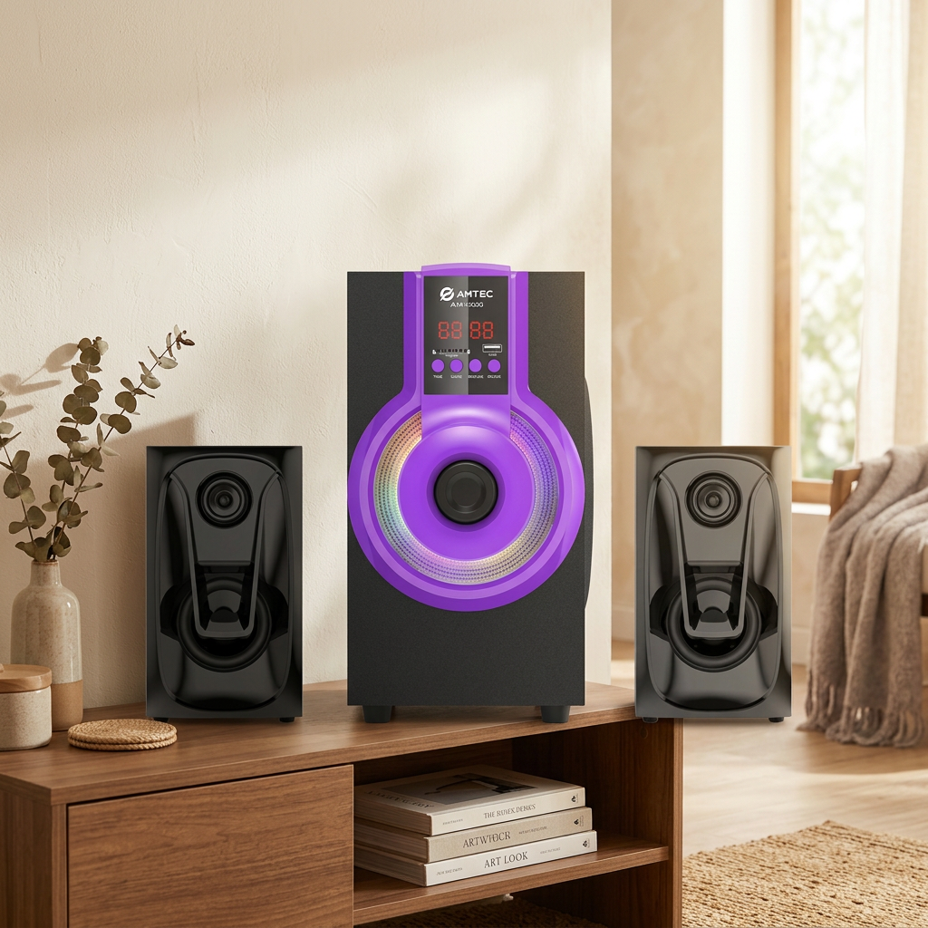 AI-edited purple-reference speaker set room illustration; furniture not included, scale illustrative.