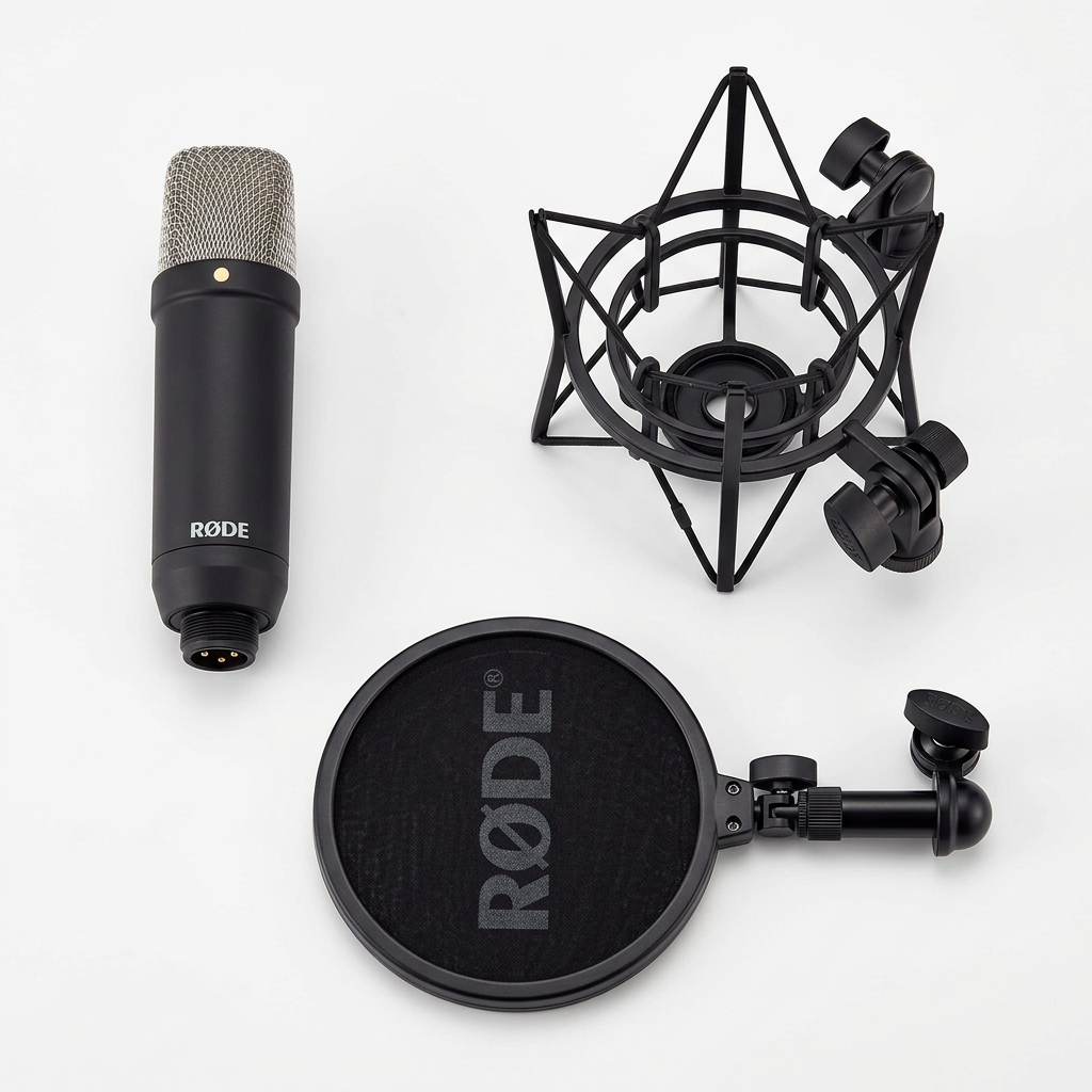 AI-generated unpacked view of black RØDE NT1 Signature microphone, shock mount and pop filter