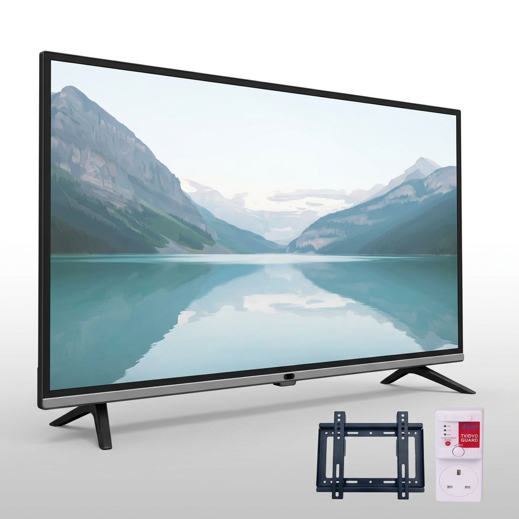 AI-edited angled TV with one TV guard and one fixed wall bracket; accessory appearance and screen illustrative.