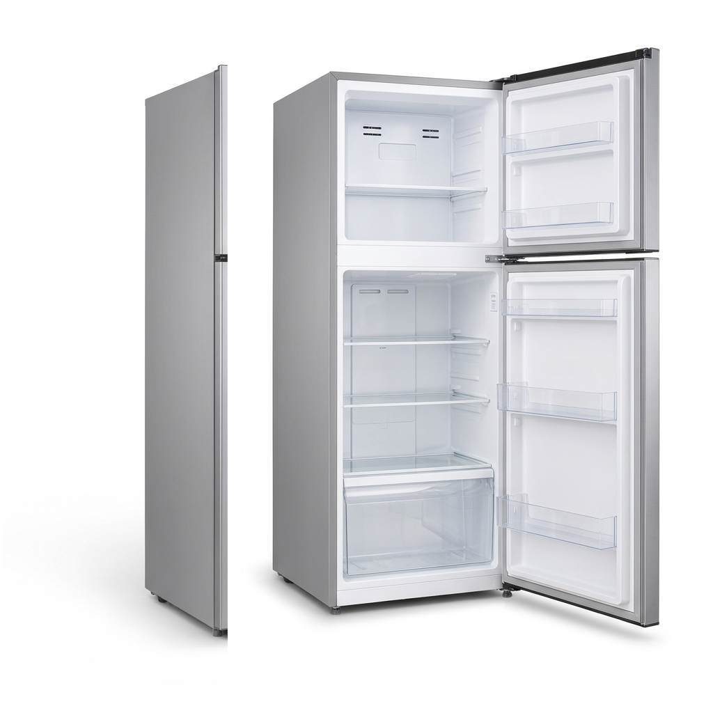 AI-edited GNIX 247L refrigerator with both doors open; interior fittings illustrative.