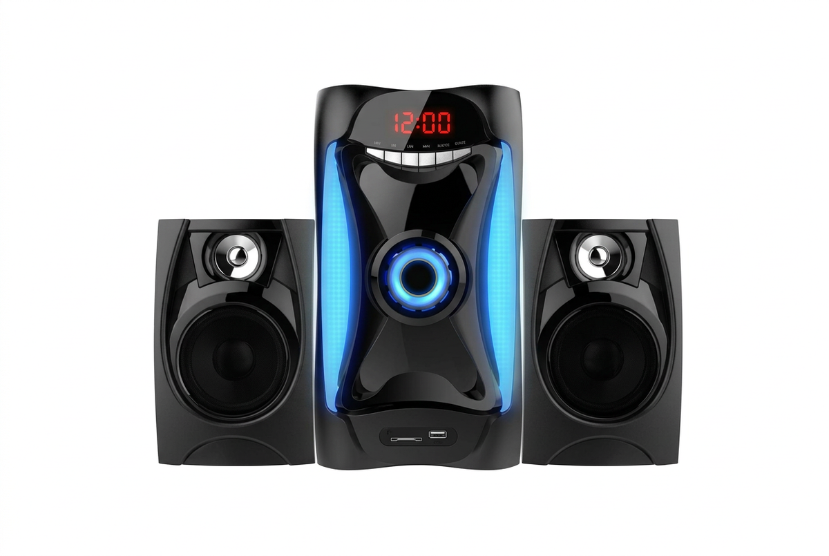Amtec AM-003 2.1CH Hi-Fi Multimedia Speaker System - Full System Front View with Blue LED Lighting