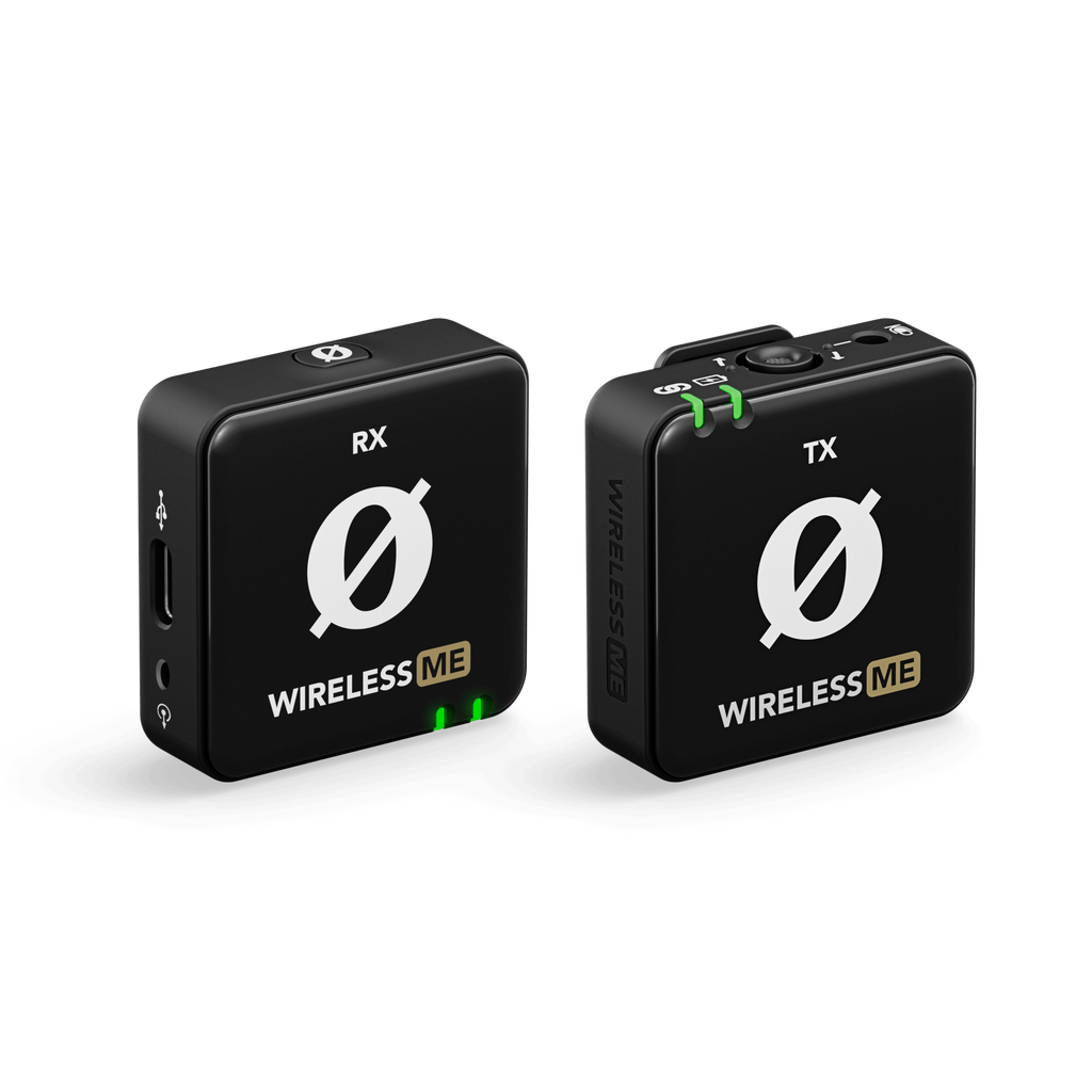 Black RØDE Wireless ME RX receiver and TX transmitter with white branding and green indicators