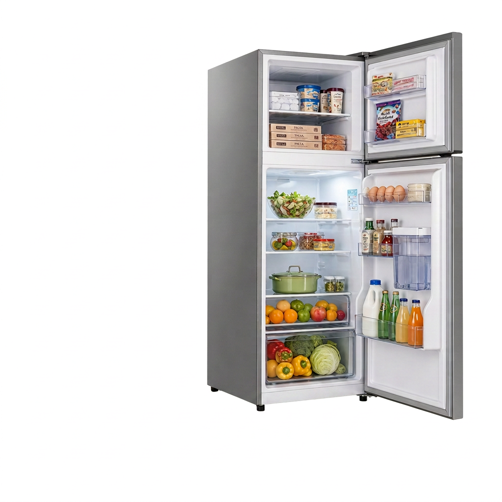 AI-edited open-door refrigerator illustration following second reference layout; food and props not included, interior details illustrative.