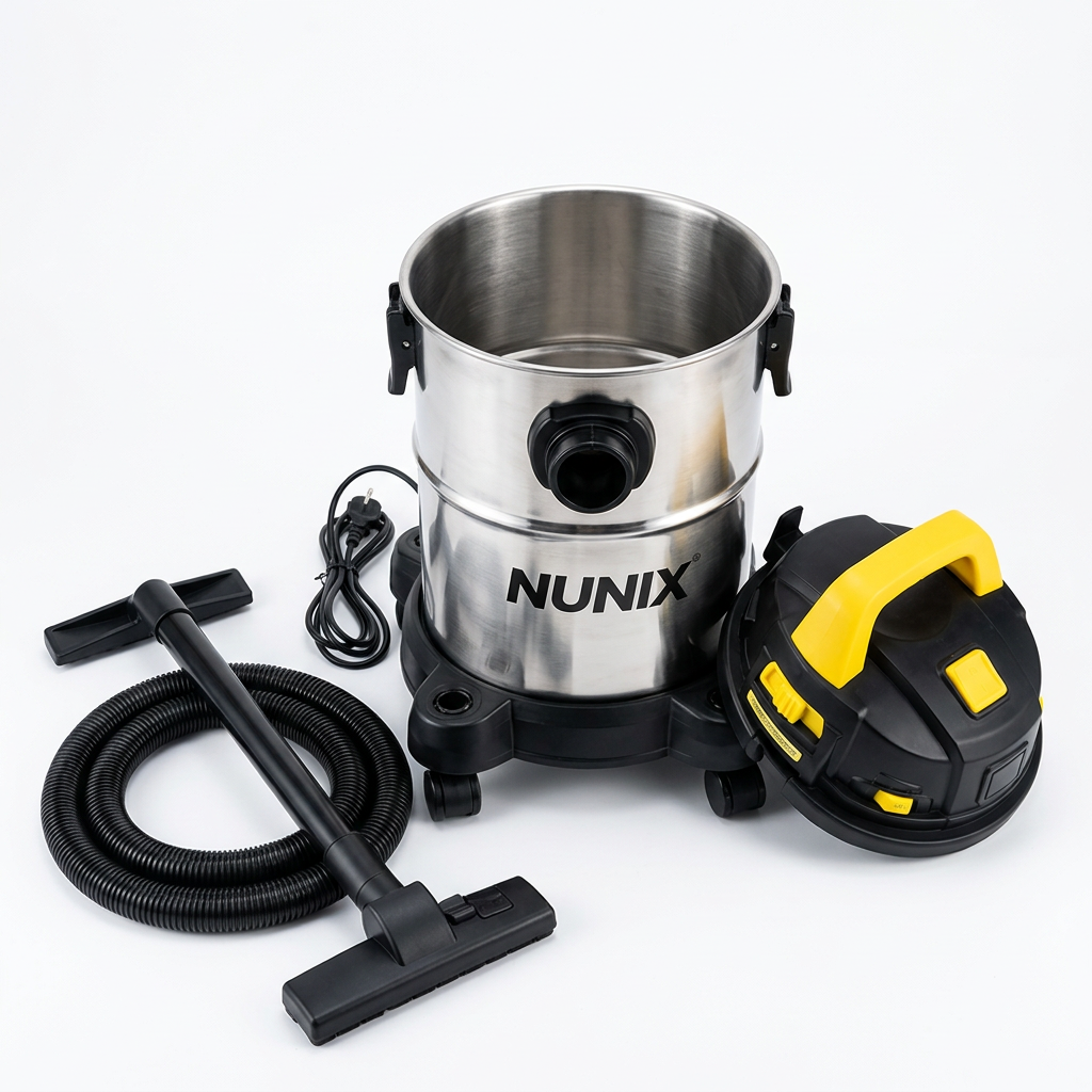 AI-edited unplugged Nunix vacuum with motor head removed beside open tank; interior illustrative.