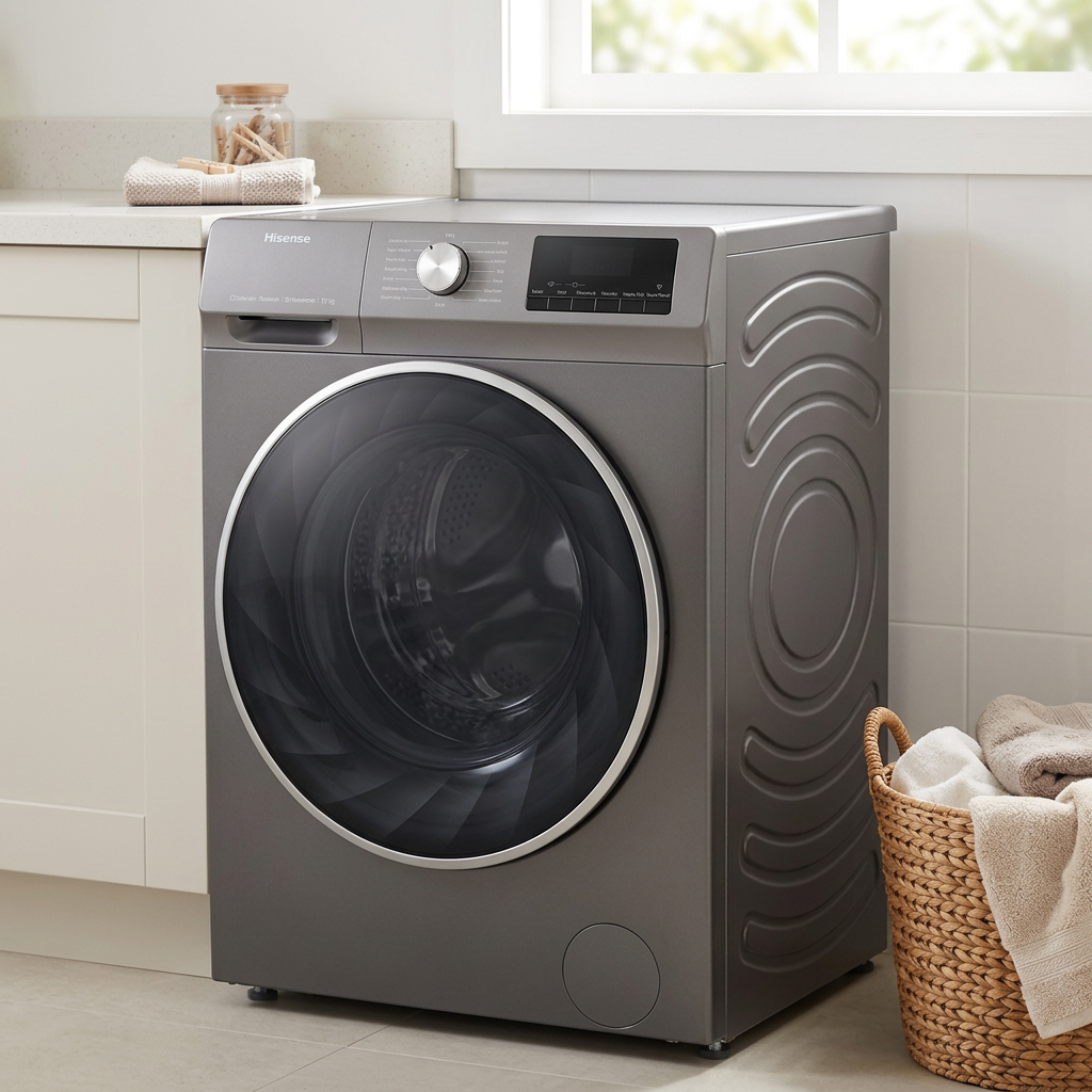 AI-edited grey Hisense washer in laundry room; furniture basket towels and decor excluded.