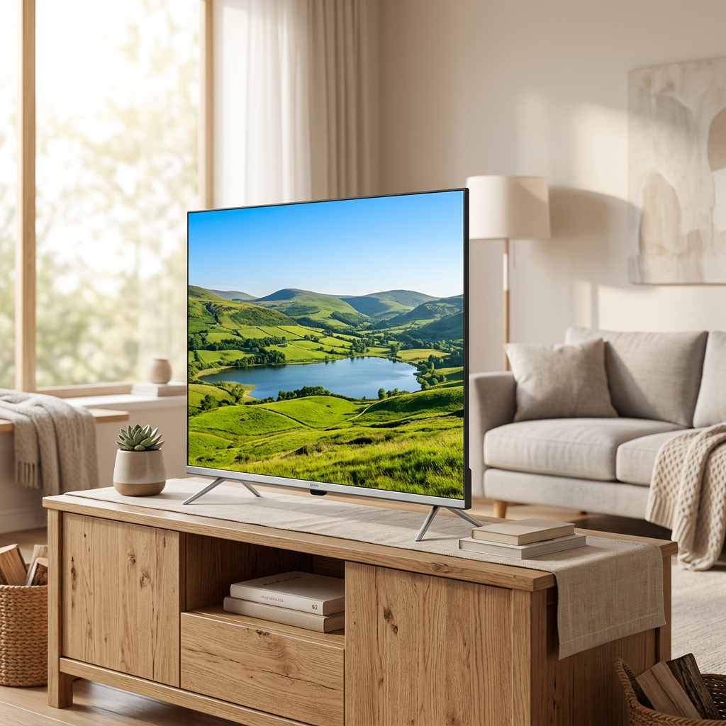 AI-edited TV in living room based on seller reference; screen illustrative, furniture not included.