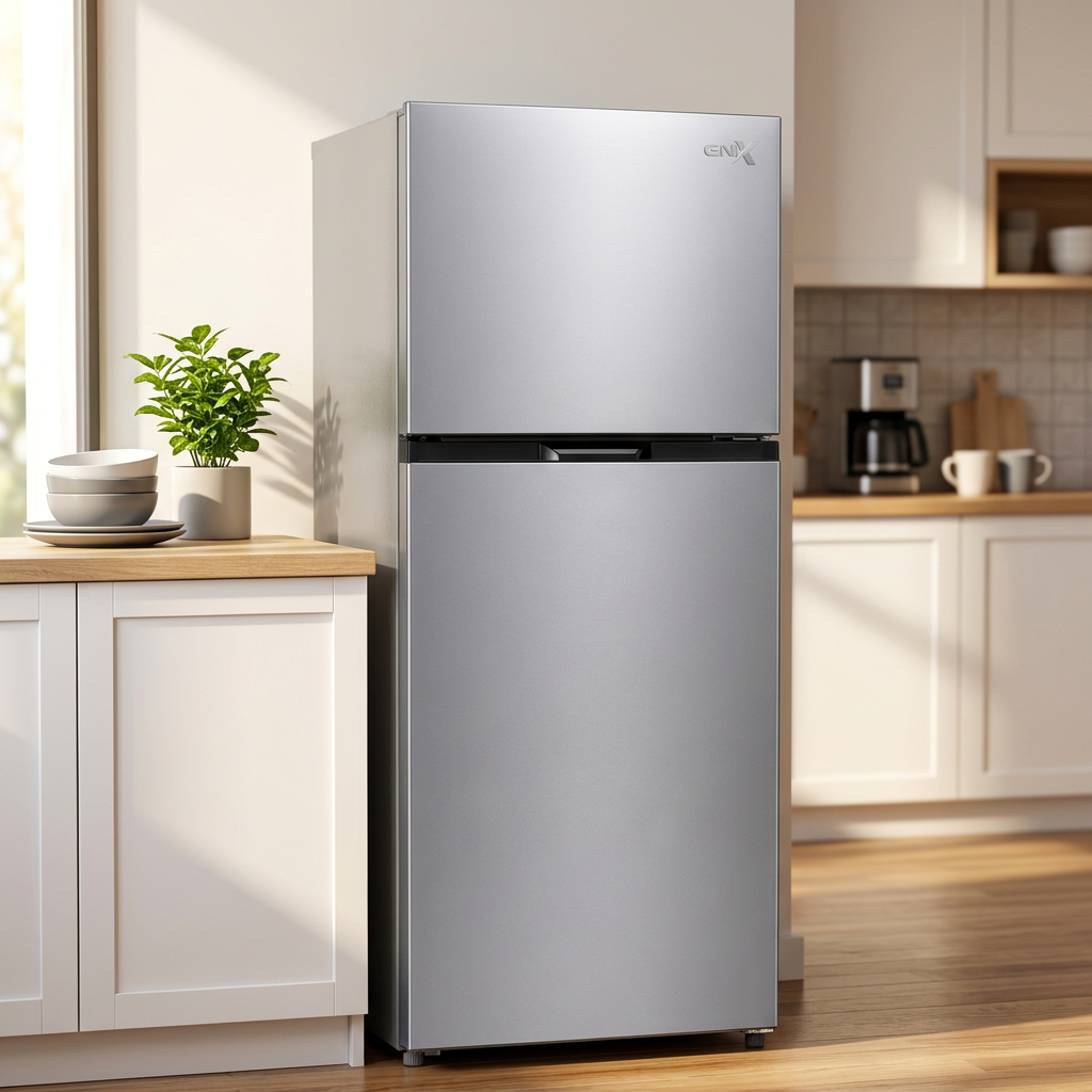 AI-edited GNIX silver 247L refrigerator in a kitchen; furniture and decor excluded.