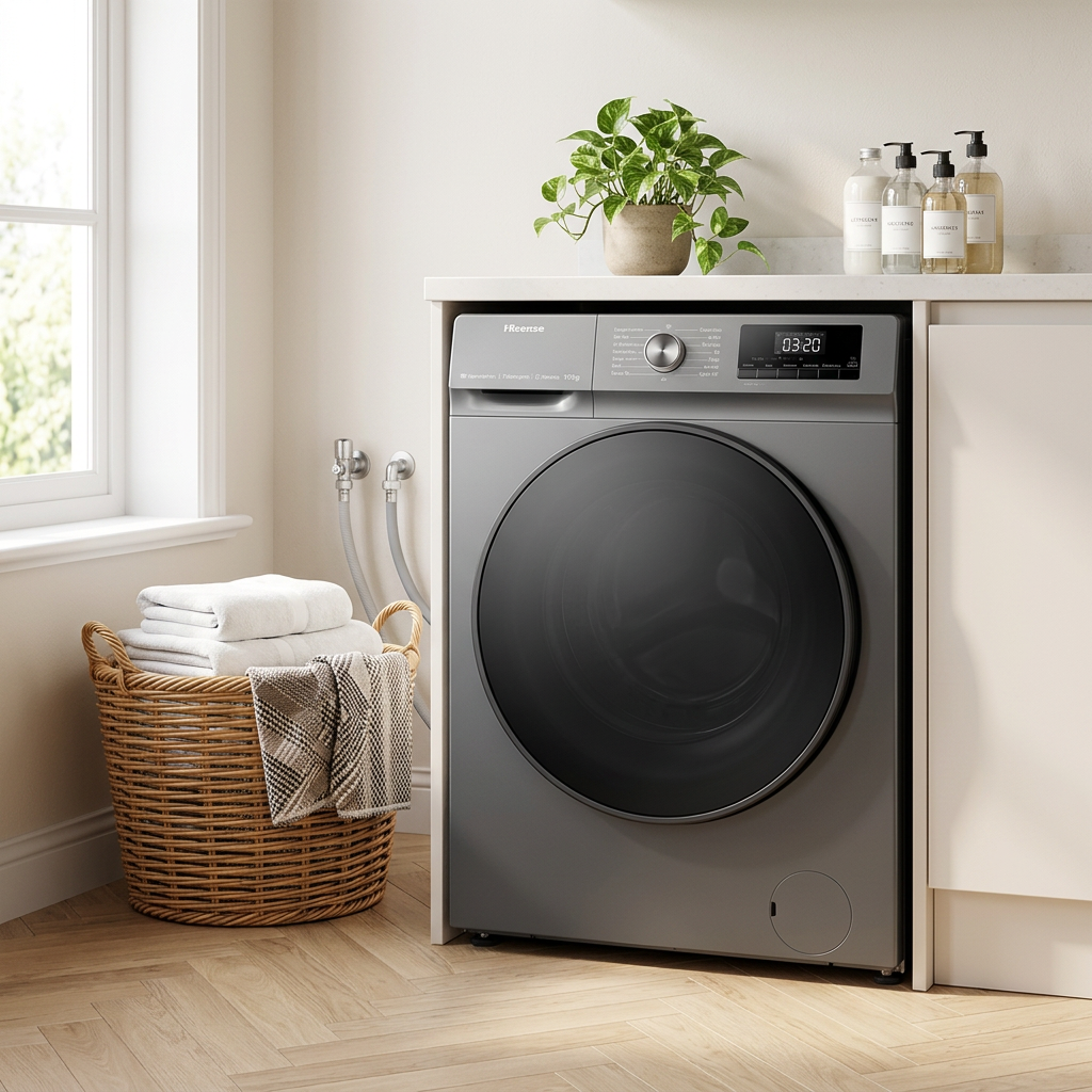 AI-edited grey Hisense washer-dryer in a laundry room; furniture basket towels and decor excluded.