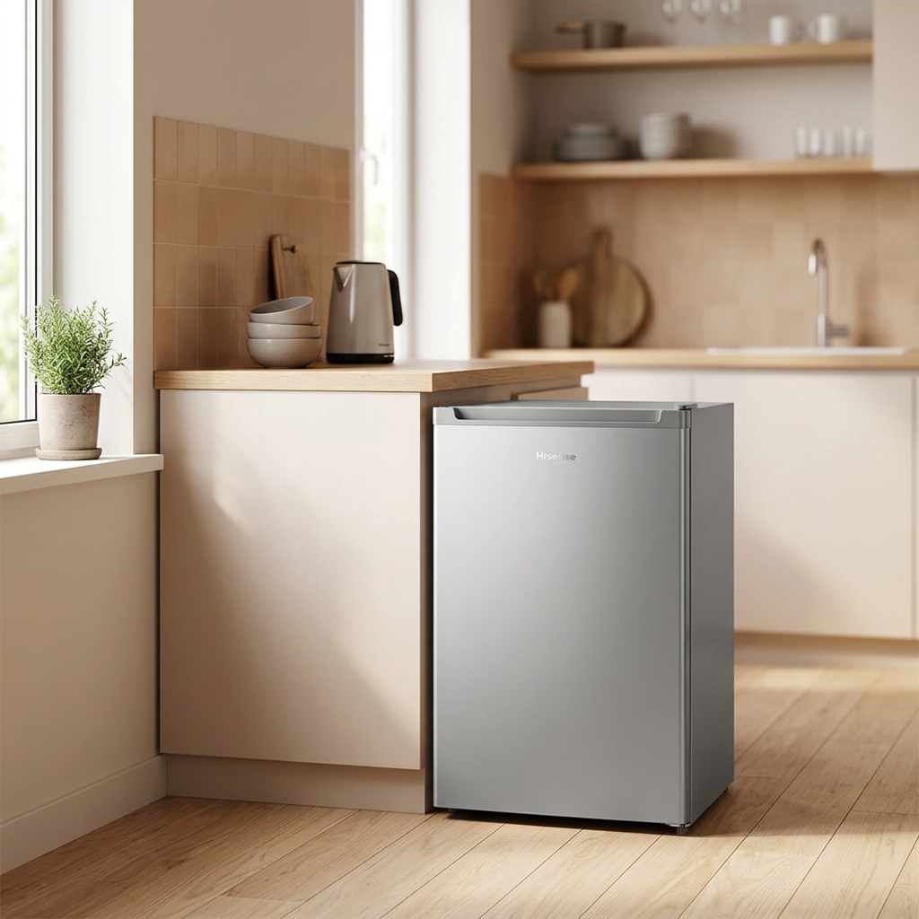 AI-generated illustration of compact silver single-door Hisense fridge in a small kitchen; props not included.