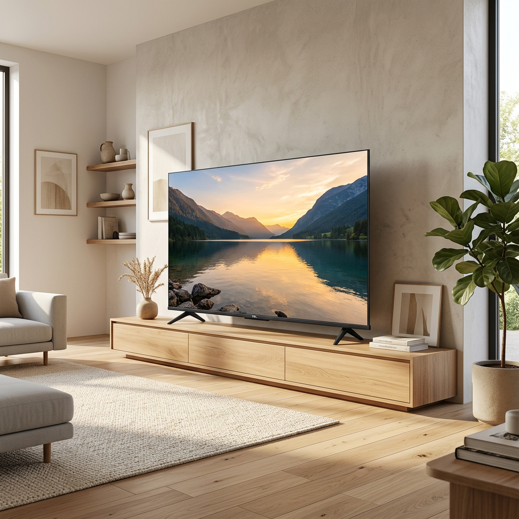 AI-edited TCL 75T6C on living-room console showing illustrative sunset lake; furnishings not included.