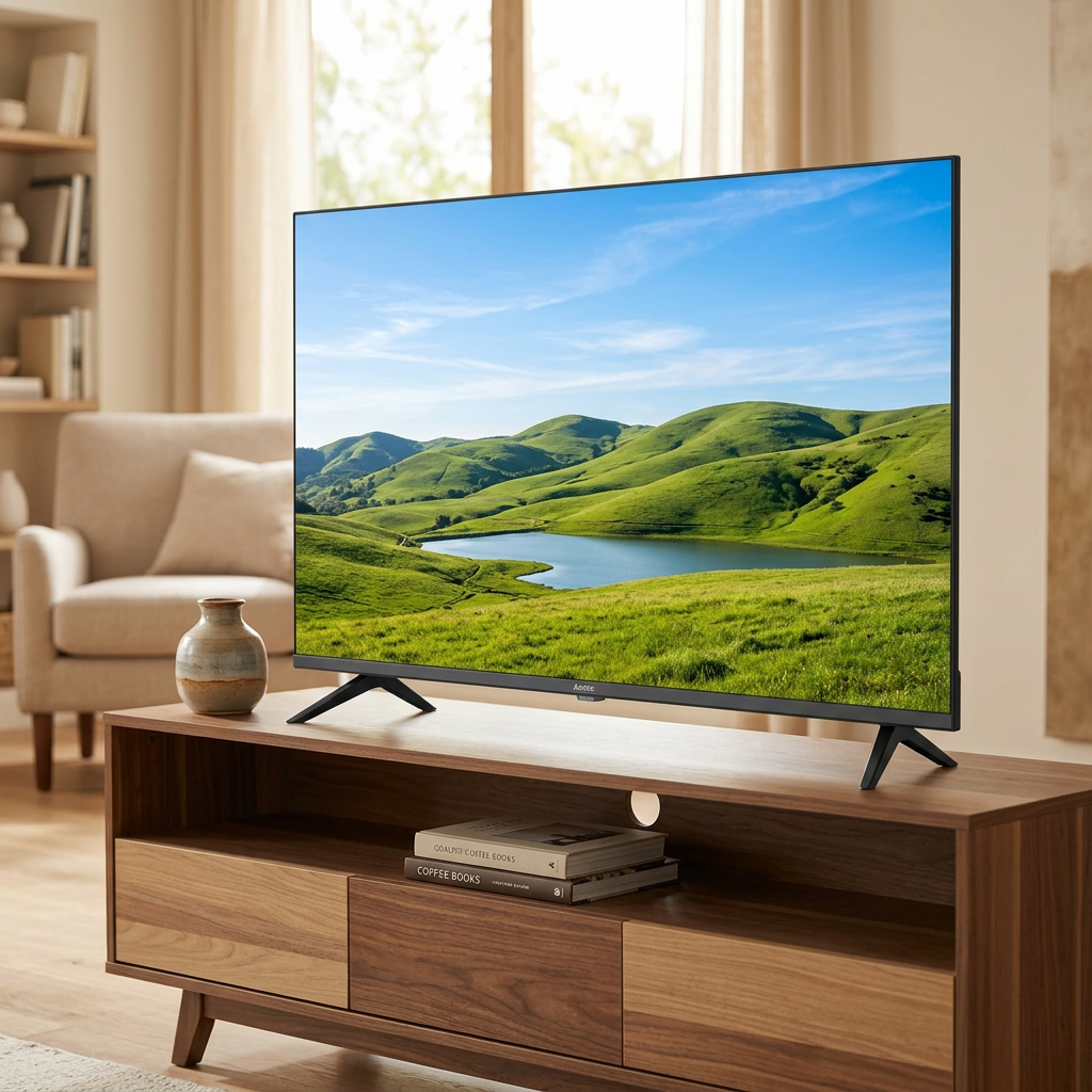 AI-edited Amtec TV in living room; screen illustrative, furniture and decor not included.