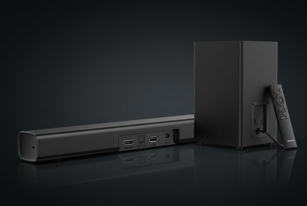 Hisense HS1800 Sound Bar - Angled View with Ports