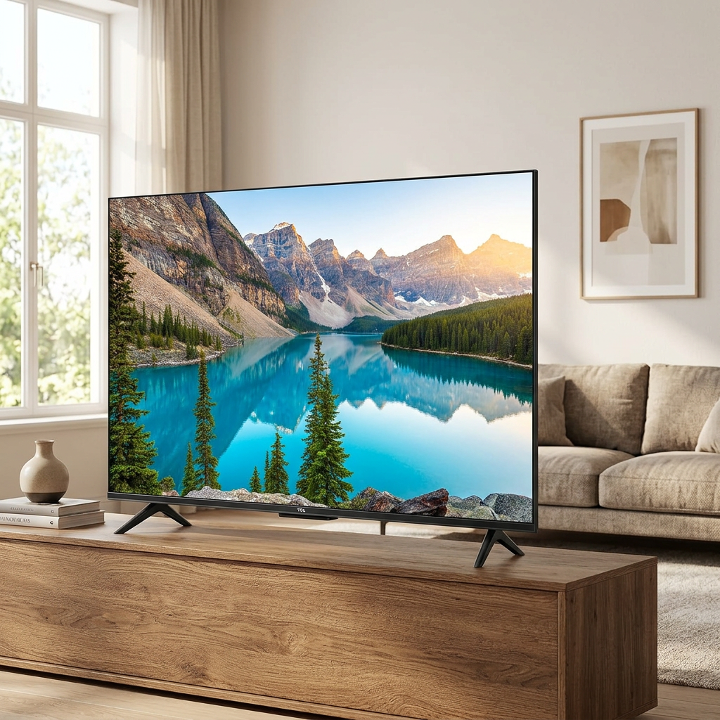 AI-edited TCL P635 living-room illustration; furniture not included, screen and scale illustrative.