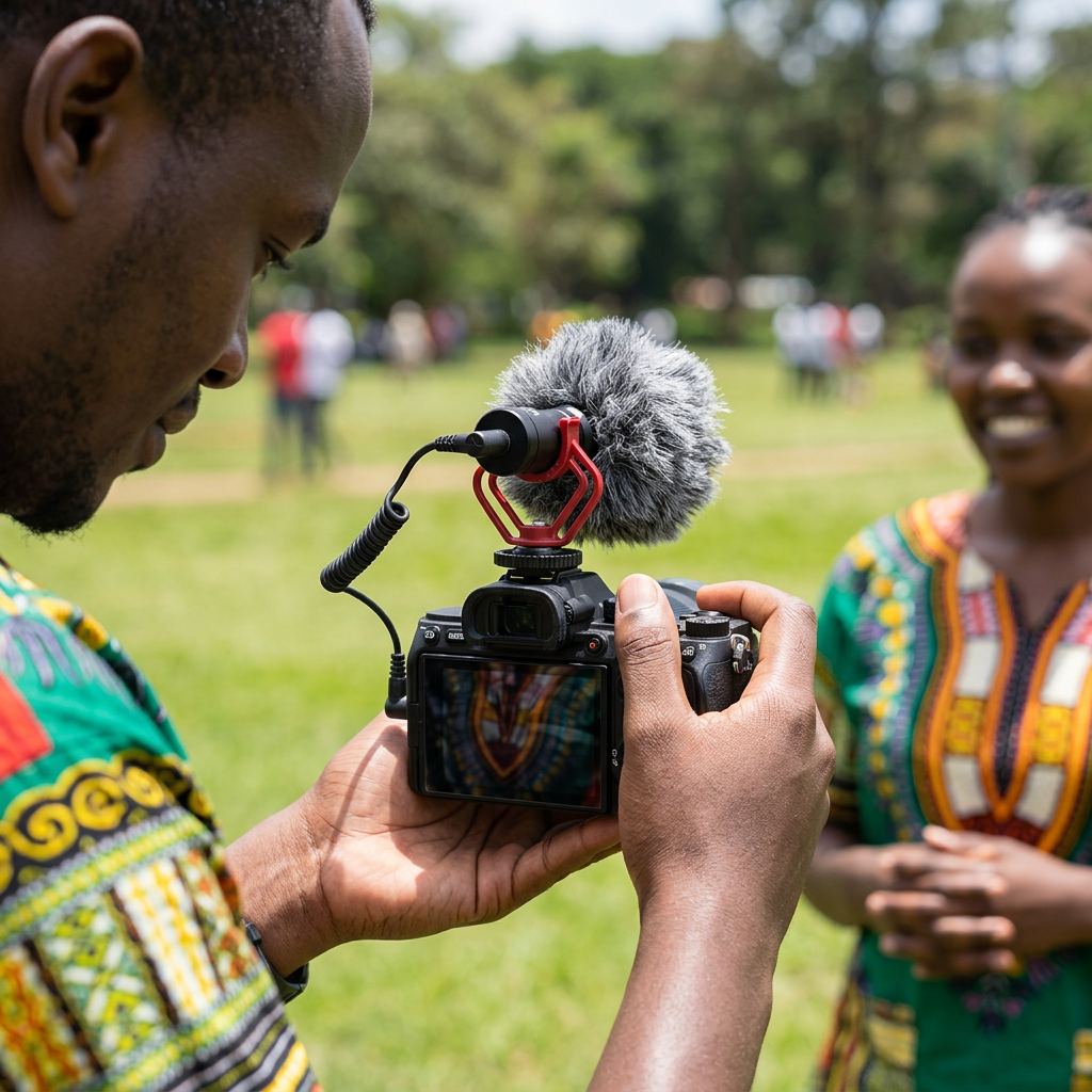 AI-generated illustration of a video creator using a BOYA MM1 microphone on a camera outdoors