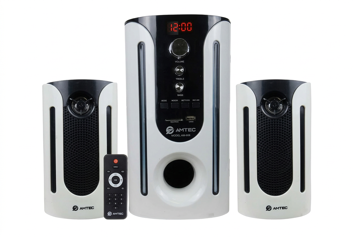 Amtec AM-608 2.1CH Hi-Fi Multimedia Speaker System - Full System Front View White and Black
