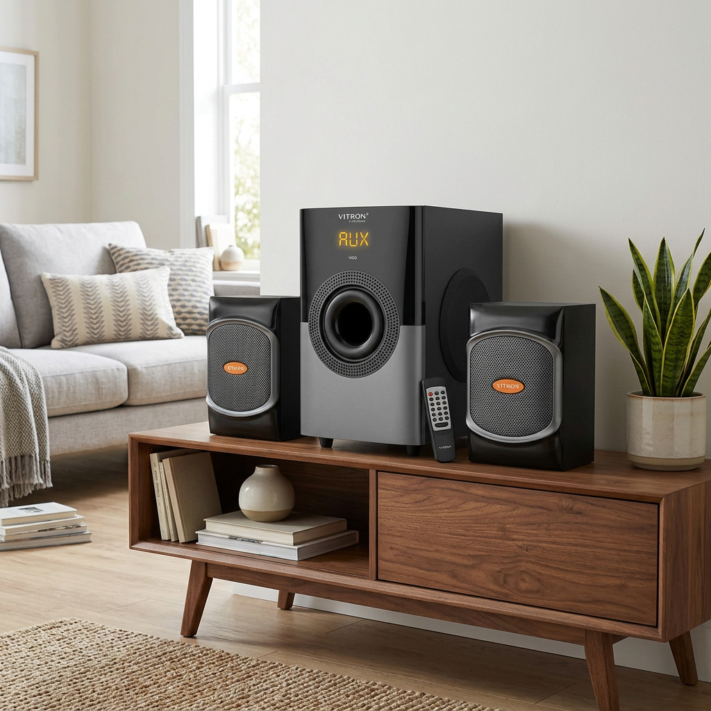 AI-edited Vitron V400 speaker system in living room; furnishings not included.
