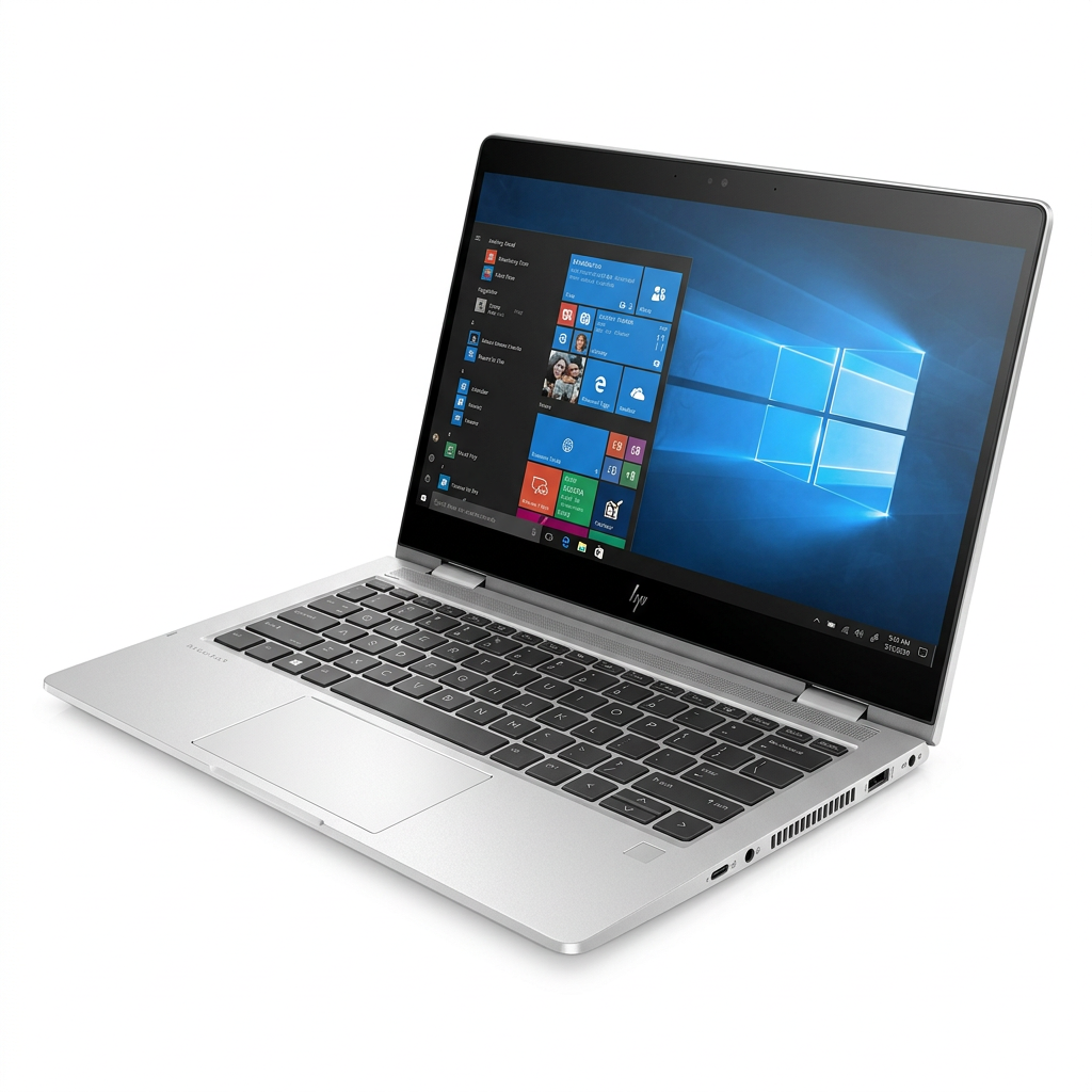 Silver HP laptop open at a three-quarter angle showing keyboard and screen on white.