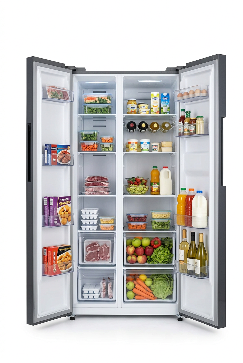Syinix 460 Litres Side By Side Refrigerator with Dispenser - Open Doors Interior