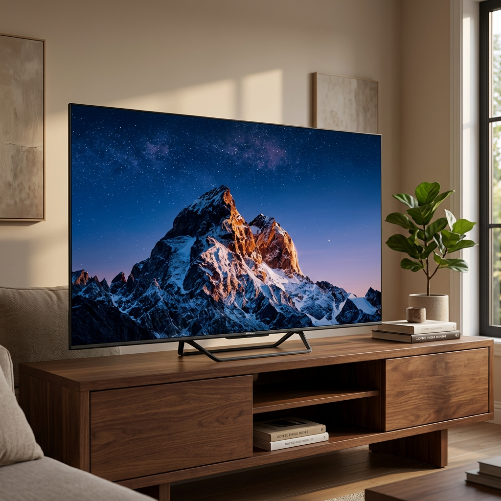AI-edited Skyworth 65-inch TV on console in living room; scenery illustrative, furnishings not included.