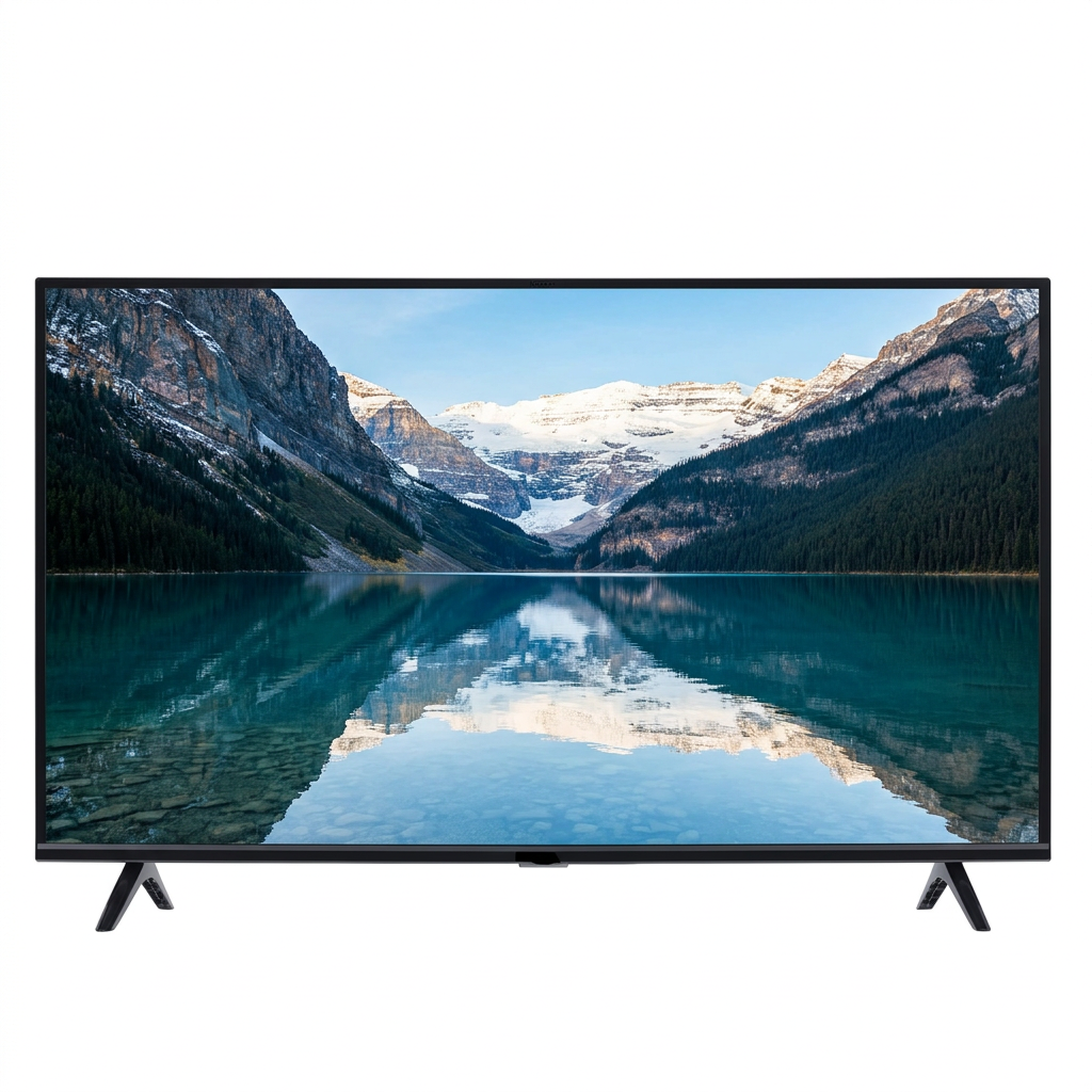 AI-edited Vitron 40-inch TV displaying illustrative landscape on white.