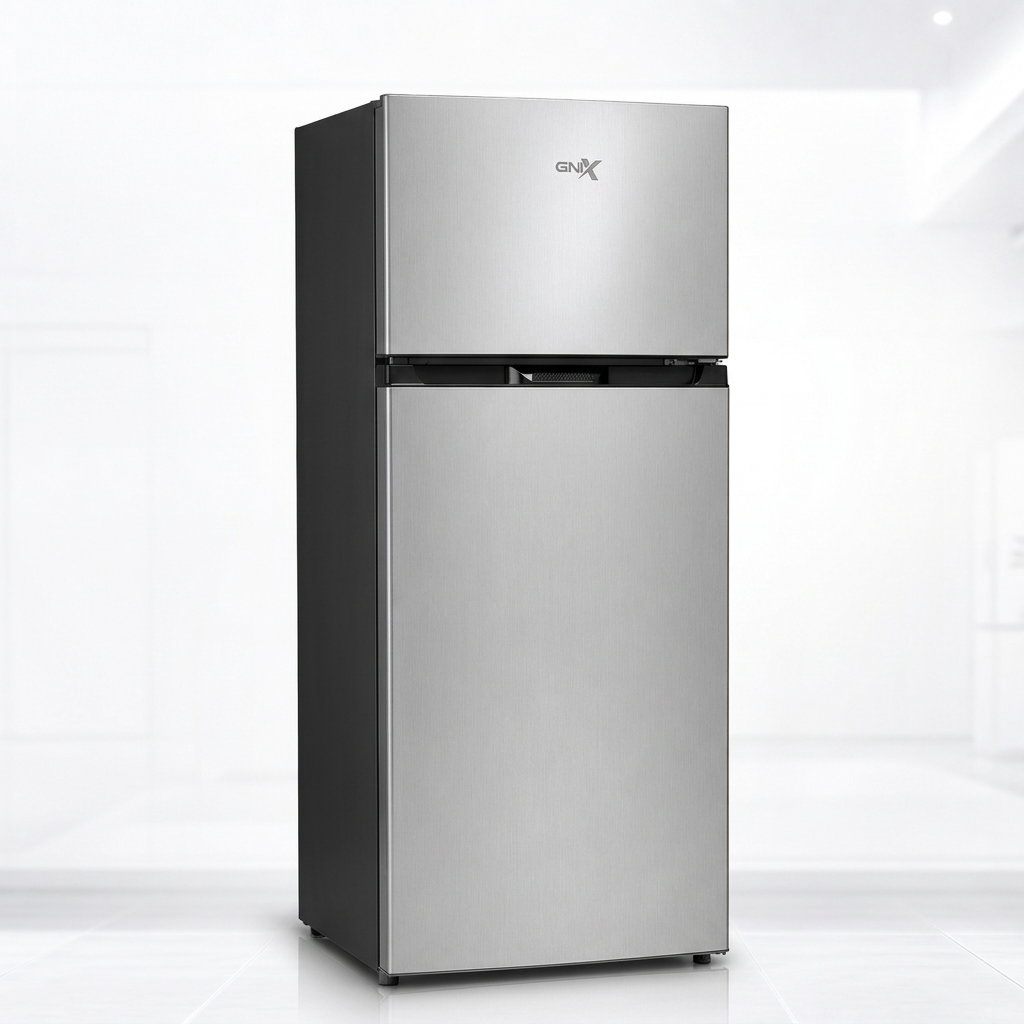 AI-edited GNIX FR-236-DF silver 206L double-door refrigerator, normal closed view
