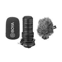 BOYA BY-DM200 microphone with black foam cover and furry windshield displayed separately on white