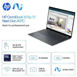 HP OmniBook X Flip 16 reference showing touchscreen laptop, 16GB RAM and 1TB SSD specifications