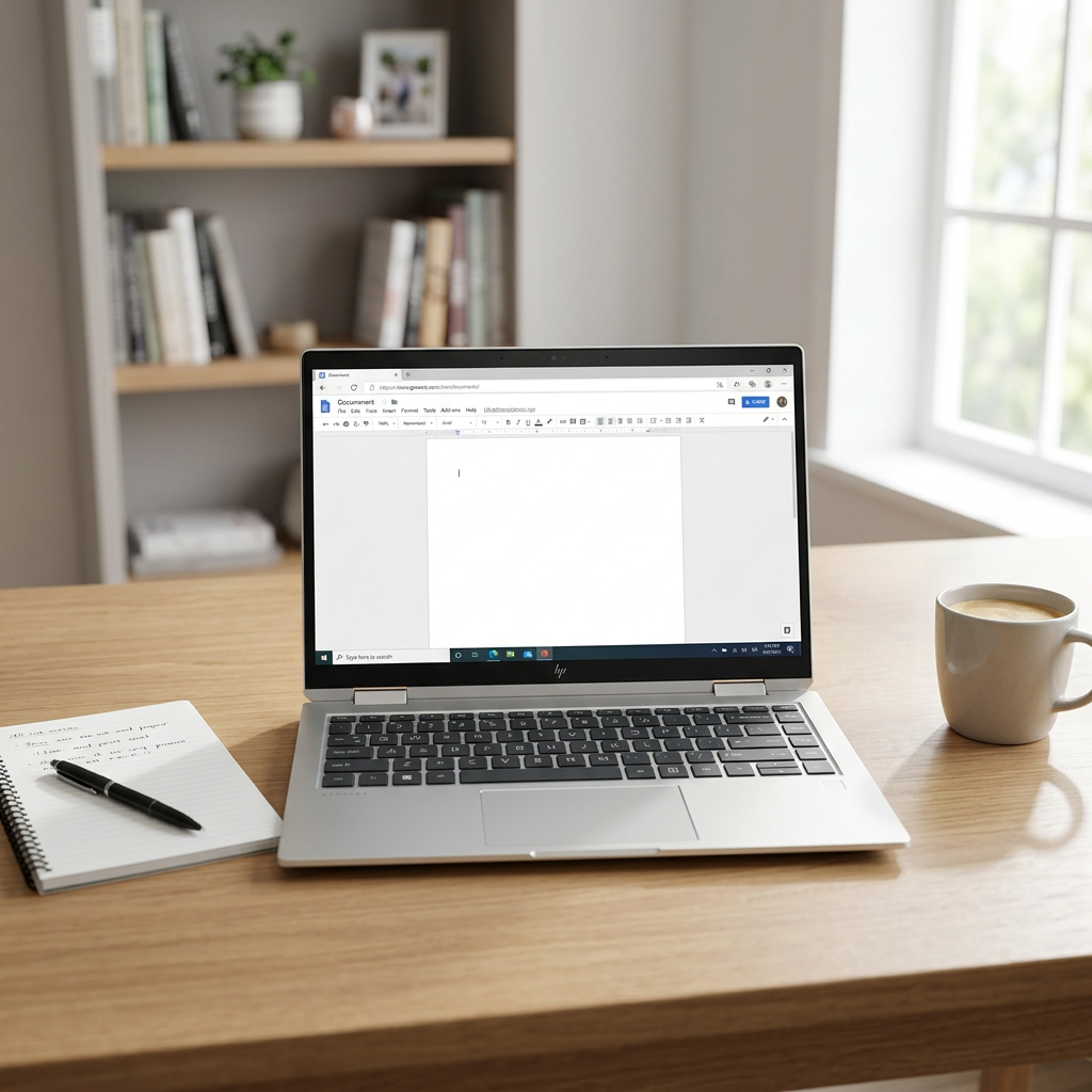 Silver HP laptop open on a desk beside a notebook and coffee cup.