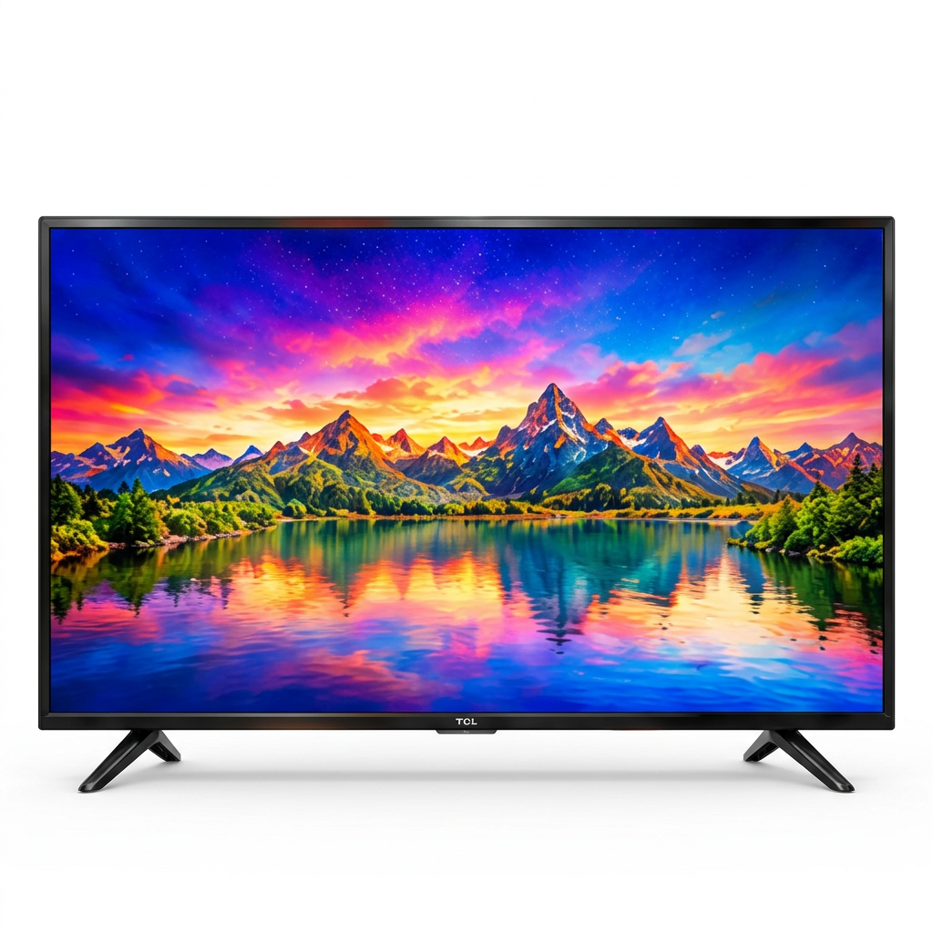 AI-edited TCL TV-only front view on white with illustrative sunset mountain lake screen.