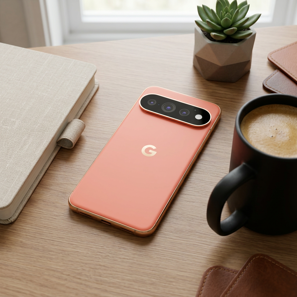 AI-edited Google Pixel 11 Pro XL lifestyle illustration beside notebook and coffee.