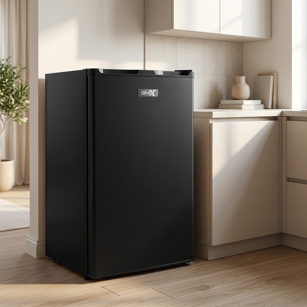 AI-edited black GNIX compact fridge in a bright kitchen; furnishings and props not included.