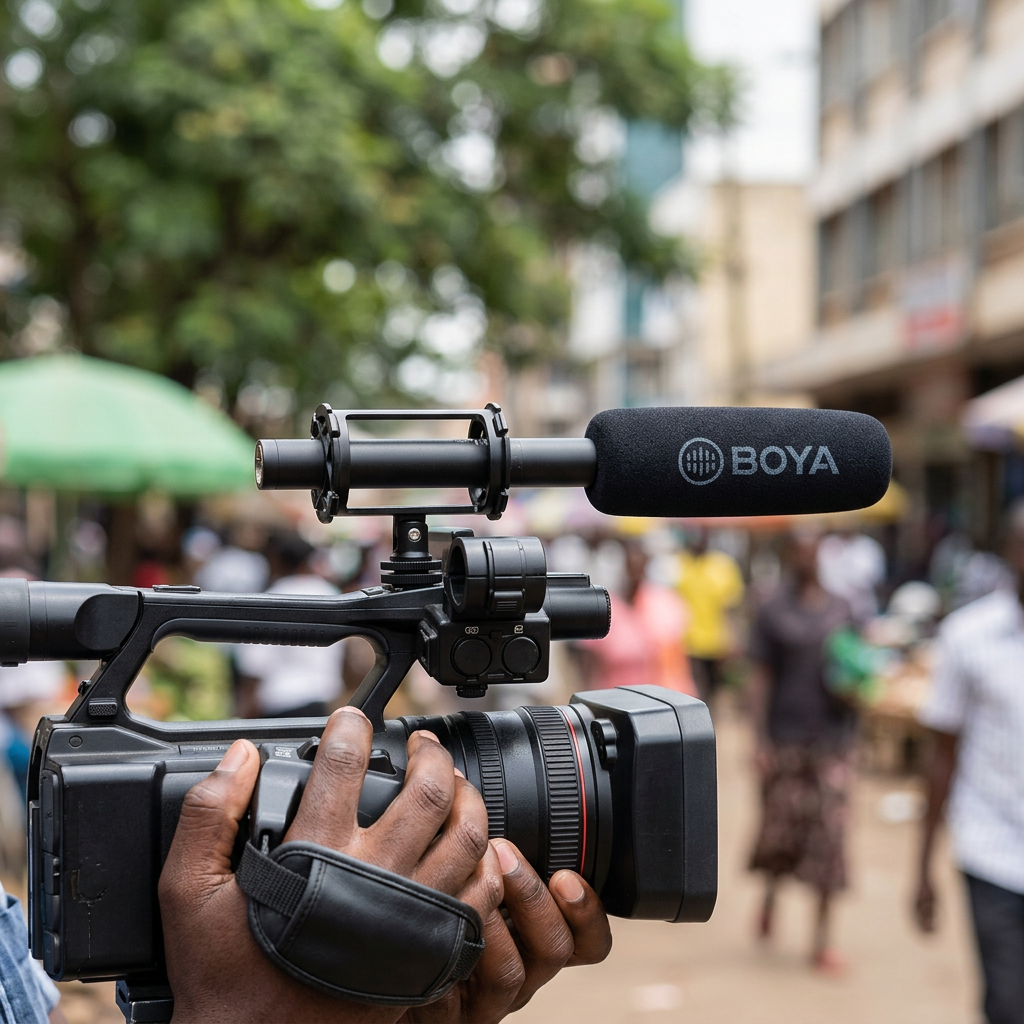 AI-generated illustration of a videographer using a BOYA BM6060L shotgun microphone with a camera outdoors