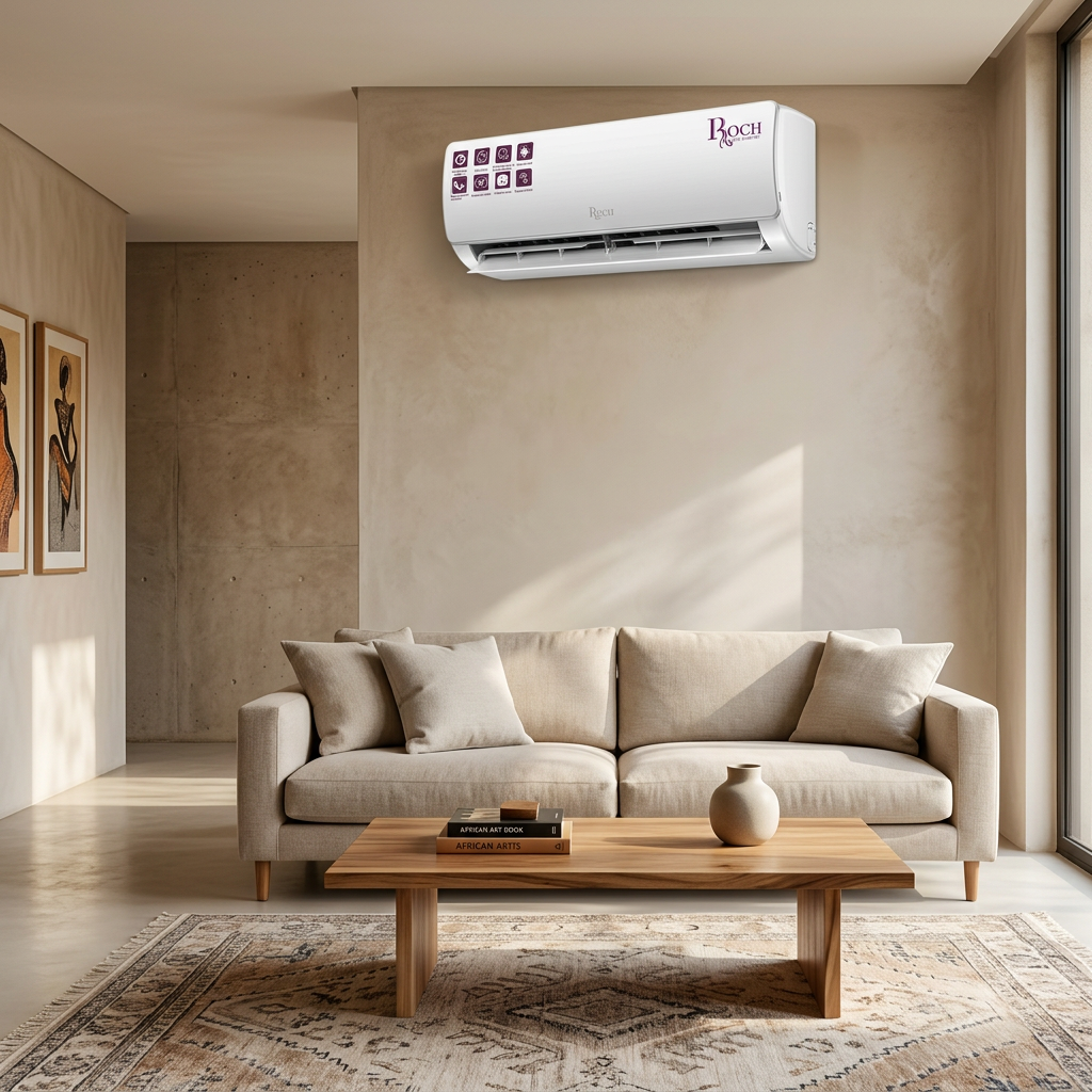 AI-generated reference-based ROCH inverter indoor air conditioner in an illustrative living room