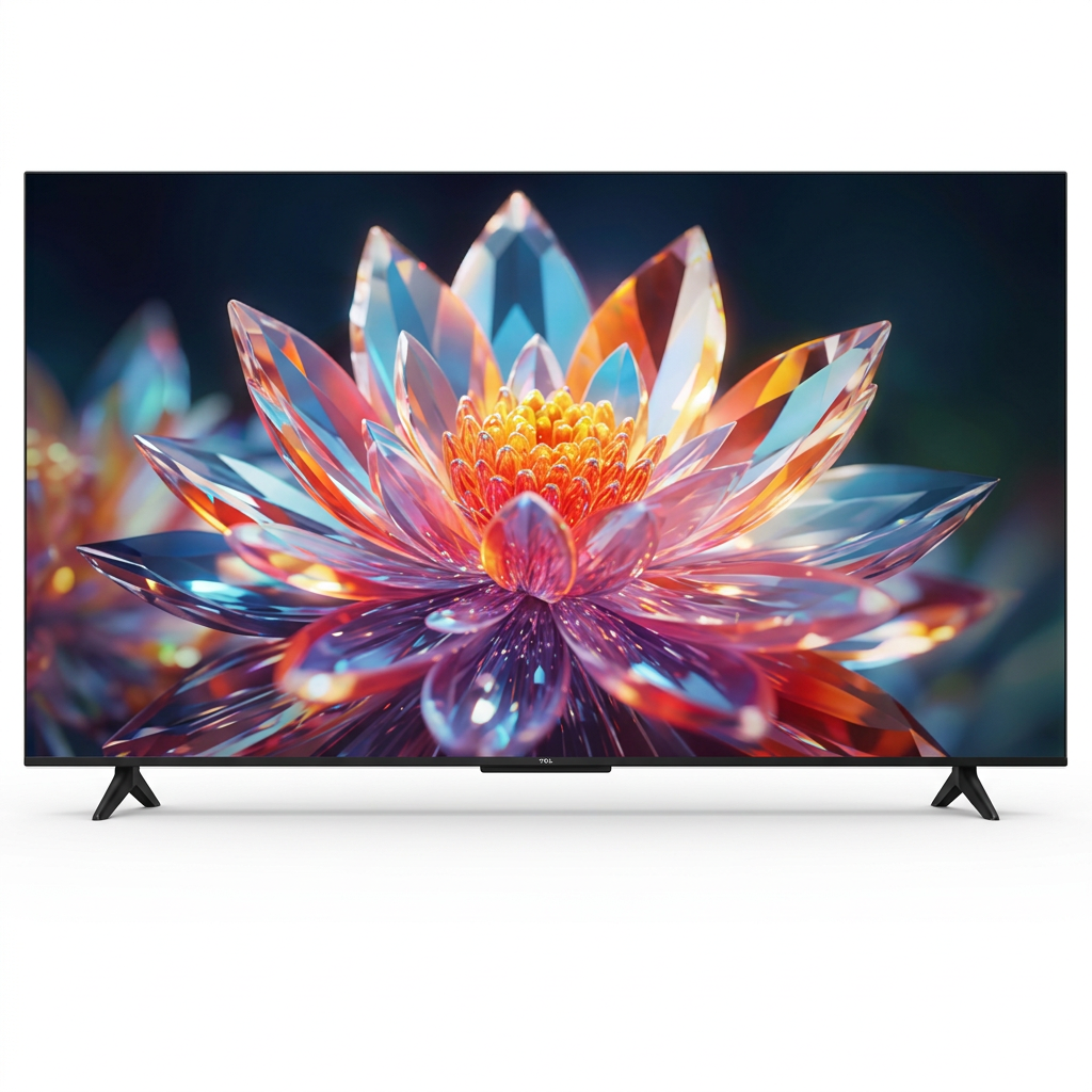 AI-edited TCL TV front view on white based on main reference; crystal flower screen illustrative.