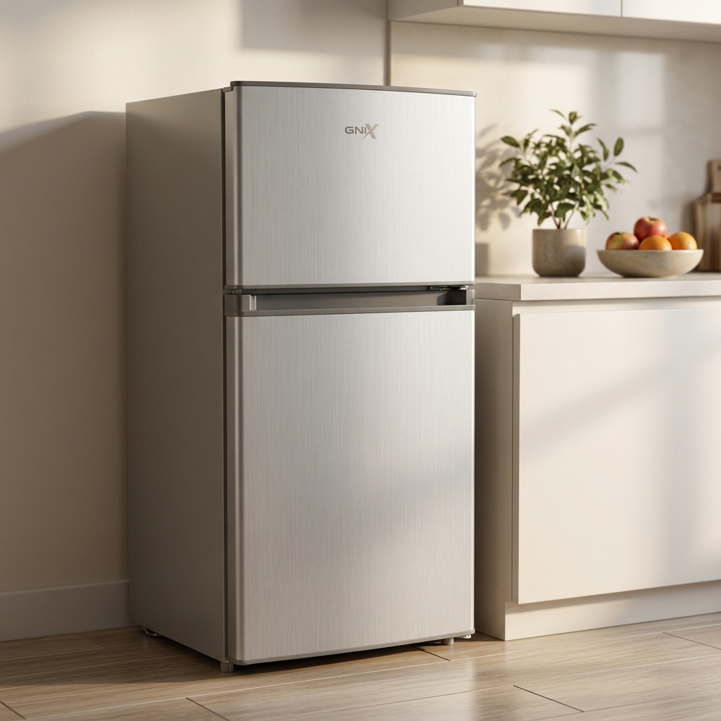 AI-edited GNIX FR-155DF silver refrigerator in a kitchen; furniture and decor not included.