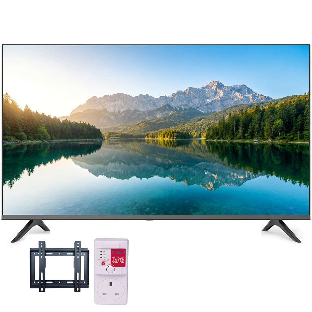 AI-edited Vitron 32-inch TV bundle with included TV guard and wall mount bracket on white.