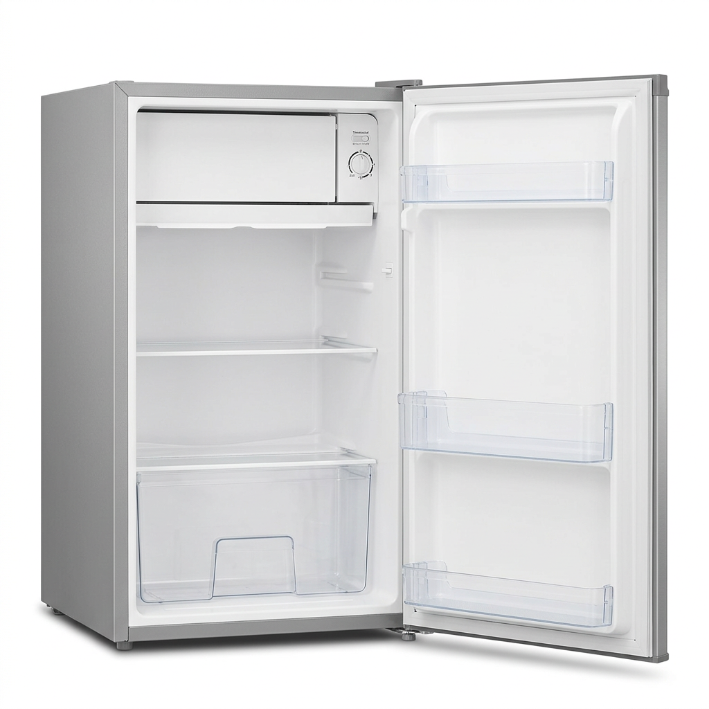 AI-generated illustrative open-door compact fridge with ice box, glass shelves, crisper and door racks; exact fittings unconfirmed.