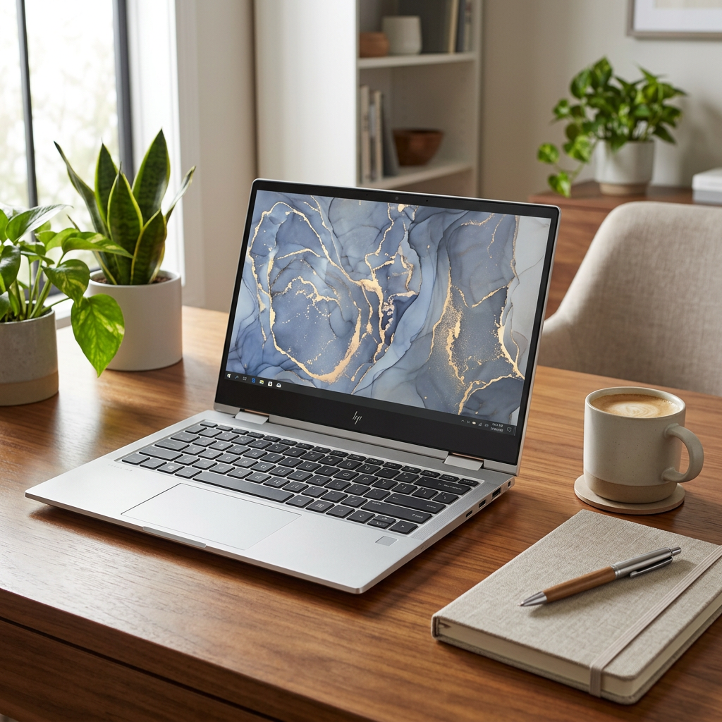 Silver HP laptop open on a home-office desk beside a notebook and coffee cup.