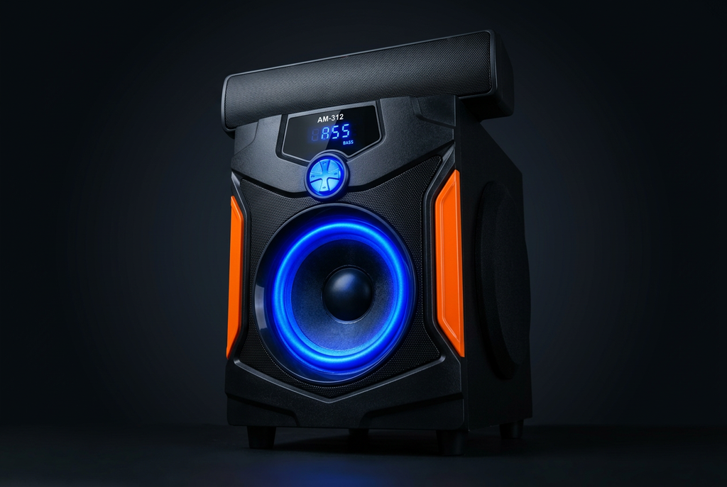 Amtec AM-312 3.1CH X-Bass Home Theater System - Subwoofer Close-up Black Orange Blue LED