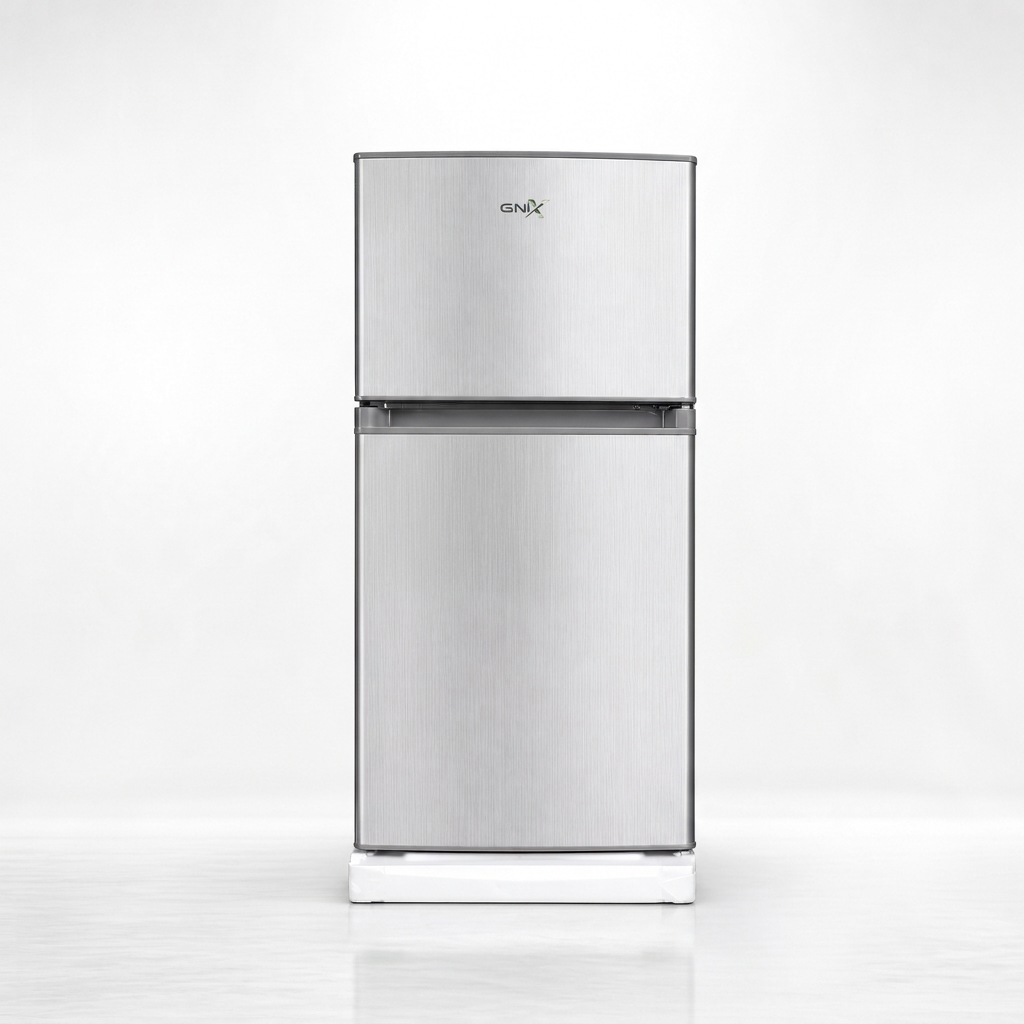 AI-edited GNIX FR-155DF silver double-door top-freezer refrigerator, closed on white.