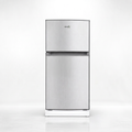AI-edited GNIX FR-155DF silver double-door top-freezer refrigerator, closed on white.