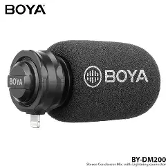 BOYA BY-DM200 compact black microphone fitted with BOYA-branded foam cover