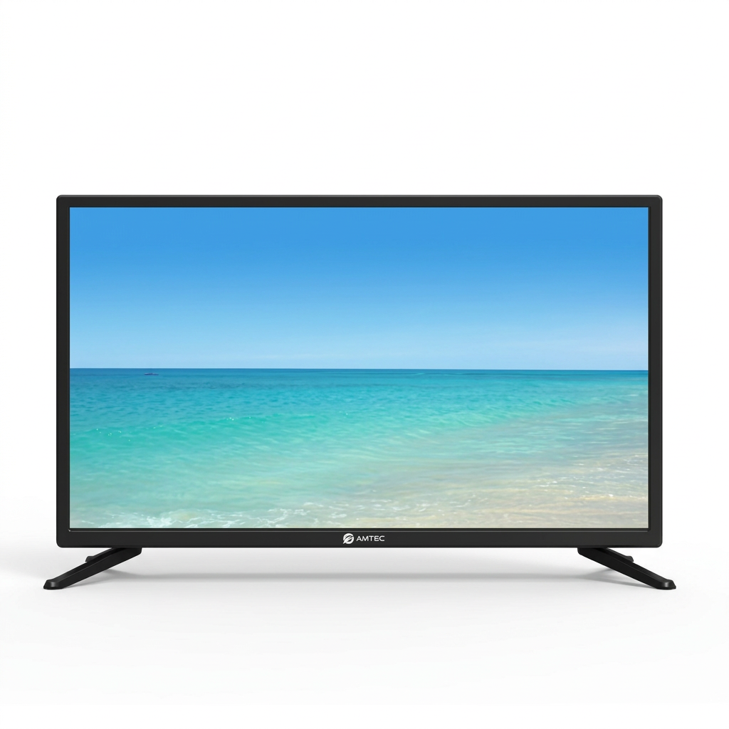 AI-edited front view of Amtec 24-inch TV based on main saved reference; illustrative screen.